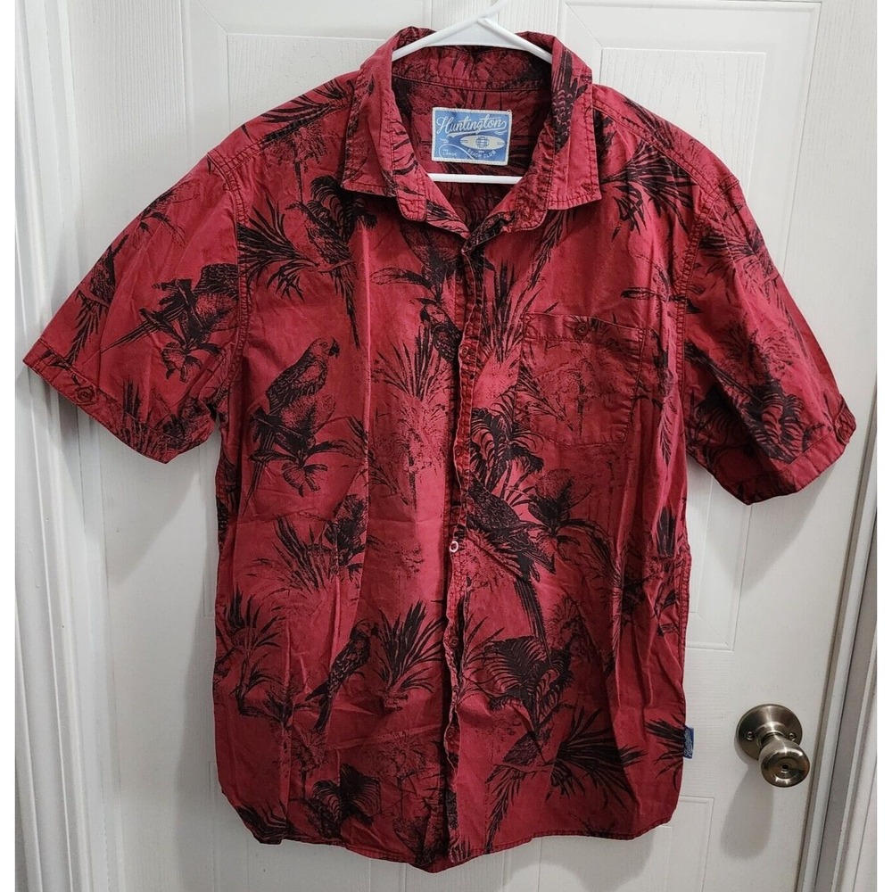 Huntington Beach Club Red‎ Floral Hawaiian Button Short Sleeve Shirt Size L